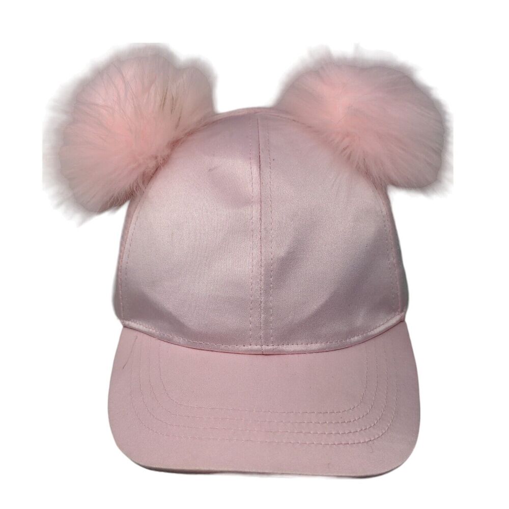 Place Strapback Hat Pink S-M 4-7 Adjustable Pompom Faux Fur Ears 6 Panel Blank